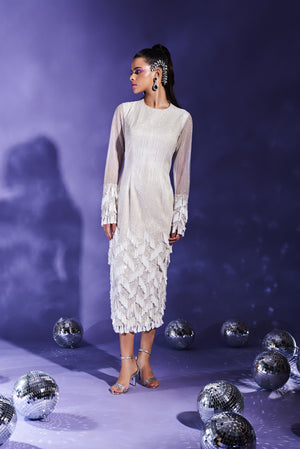 Ivory Micro-Pleated Column Dress
